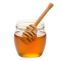 Fresh Sweet Honey in Glass Jar with Wooden Honey Dipper – Natural Food and Healthy Sweetener, Isolated on White or Transparent Background