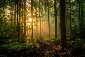 Obraz premium Serene forest pathway at sunrise: majestic trees illuminated by golden sunlight and misty atmosphere