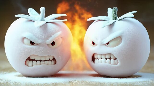 Angry sugar-coated tomatoes facing off