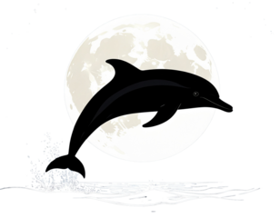 Silhouette of Dolphin Jumping Against Full Moon, isolated on a transparent background