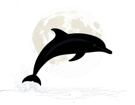 Silhouette of Dolphin Jumping Against Full Moon, isolated on a transparent background