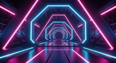 Fototapeta premium Futuristic Neon Tunnel Corridor with Geometric Illumination and Reflections
