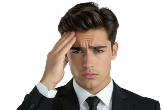 Man with hand on forehead isolated on transparent background