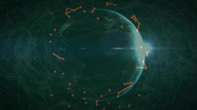 Slowly rotating digital globe starting network nodes pulsing outward forming red orange halo