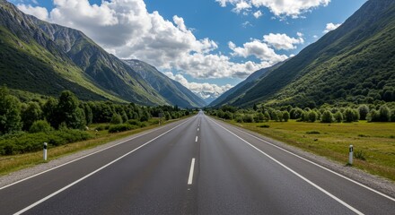 Fototapeta premium Mountain Highway Summer Road Trip - Scenic summer road trip through majestic mountains, symbolizing freedom, adventure, journey, exploration, and escape