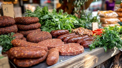 Obraz premium Fresh, flavorful sausages and patties displayed at a vibrant farmers market, surrounded by fresh herbs and vegetables.