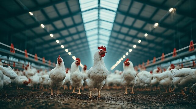 White Chickens Standing Inside Large Farm Building