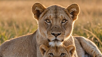 Naklejka premium A majestic lioness and her adorable cub rest together in the warm glow of the African savanna at sunset