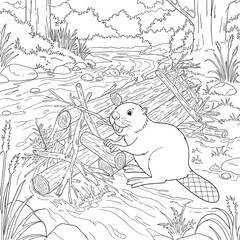 A cartoon beaver carefully adds branches to its dam in a flowing forest stream, surrounded by trees, rocks, and plants in a peaceful natural setting. © bima