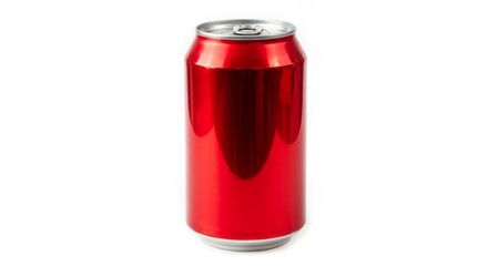 Red Aluminum Can Beverage Container - A single, tall red aluminum can stands against a white background. Perfect for beverage, drink, or refreshment concepts