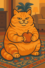 With a smug expression and a prized apple in paw, this round ginger cat is the undisputed ruler of his domain. A charming vector illustration of feline confidence.