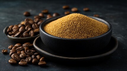 Preparing Coffee with Sugar and Coffee Beans on Dark Background