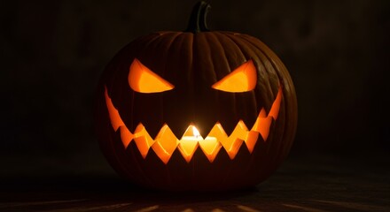 Fototapeta premium Spooky Halloween Jack O Lantern - A menacing jack-o'-lantern glows ominously in the dark, perfect for Halloween