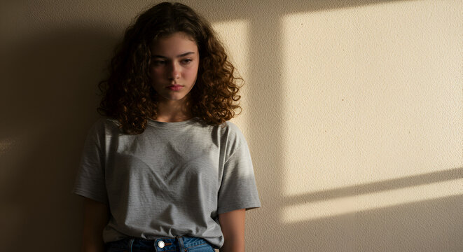Pensive young woman with curly hair standing against a wall, deep in thought