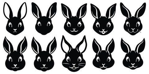 Black Silhouette Rabbit Head Set Bundle Collection Vector Illustration