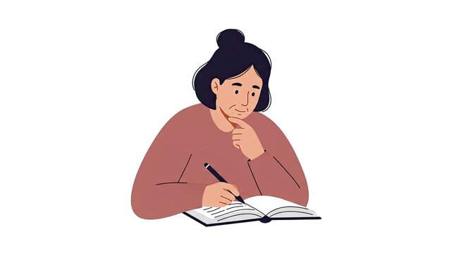 Thoughtful mature woman writing in a journal with a pen at a desk indoors - Powered by Adobe