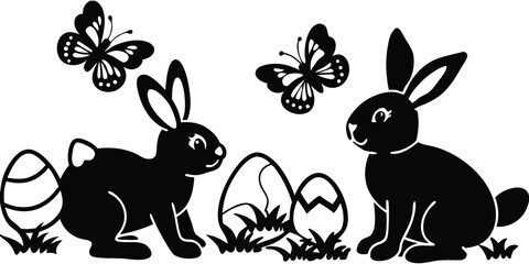 Easter Bunnies With Eggs Playing On The graden Vector