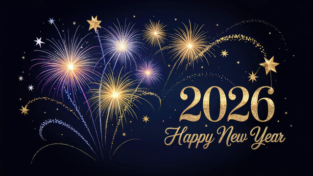 Golden fireworks and stars illuminate the night sky celebrating the arrival of the happy new year 2026