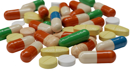 Pile of Medication Capsules Pills Isolated Transparent Background for Healthcare