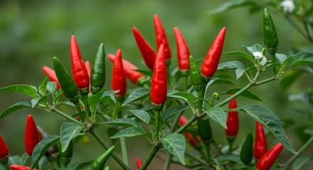 Vibrant Red Chili Peppers on Bush - Lush green chili pepper plant laden with ripe red and green chilies. Perfect for culinary or gardening themes