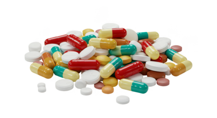 Pile of Medication Pills Capsules Drugs on Transparent Background