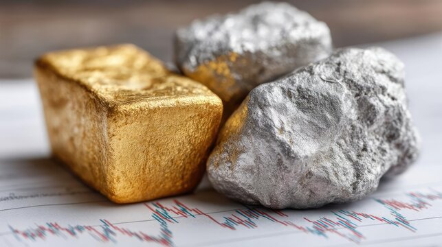 Precious metal investment for wealth and crisis opportunity concept. Gold and silver bars on stock market financial data paper.