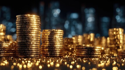 Commodity market with value and forecast trend concept. Stacked gold coins representing wealth and financial growth.