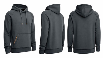 Naklejka premium Dark gray men s hoodie with front side and back views on white background