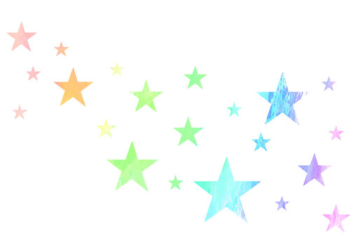 左上から流れるカラフルな星の水彩イラスト