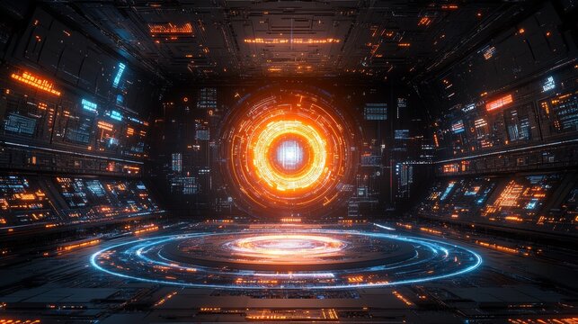 Futuristic spaceship interior featuring glowing central orb. - Powered by Adobe