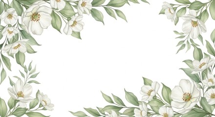Elegant White Floral Border with Green Leaves for Festive Occasions