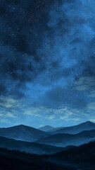 Starry night beneath dark blue sky,  moon cast soft moonlight scenic landscape.