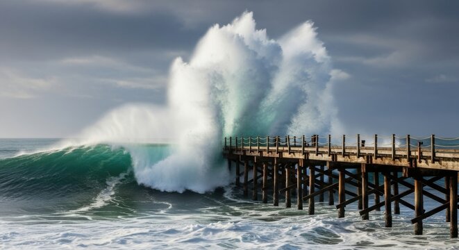 Massive Ocean Wave Crashing Against a Wooden Pier Under a Cloudy Sky