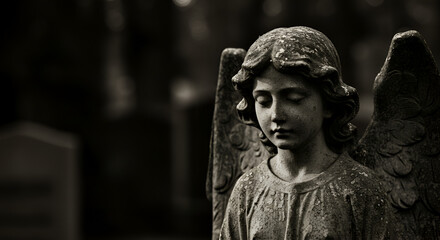 Stone Angel Statue in Cemetery with Eyes Closed in Mournful Reverie