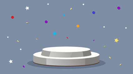 White and blue balloons adorn a New Year's background, featuring a 3D podium and round award symbols for an empty design