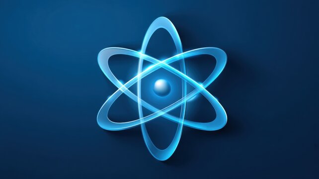 Futuristic quantum model. Atomic symbol with blue orbitals on a dark background.