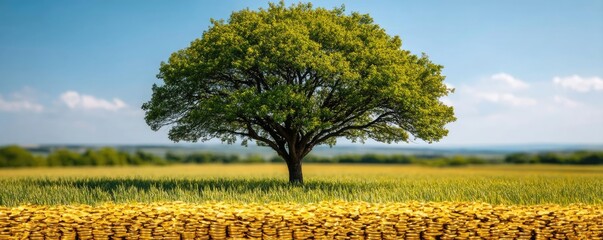 Fototapeta premium Money growth investment goals and optimization concept. A solitary tree standing majestically in a golden field landscape.