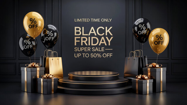 Luxurious black friday super sale with gold accents balloons gifts and shopping bags on a pedestal - Powered by Adobe