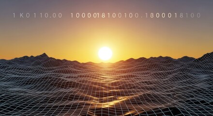 Digital sunrise over a futuristic data landscape