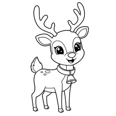 A cheerful cartoon reindeer with large eyes and antlers stands smiling, wearing a festive bell around its neck, with spots on its back and a fluffy tail.