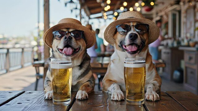 Two dogs in sunglasses and hats enjoying beers at an outdoor bar.