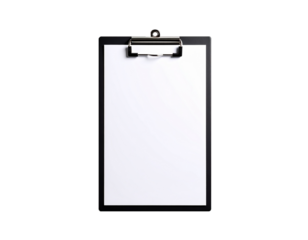 Black clipboard with blank paper isolated on transparent background