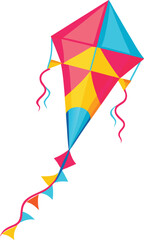 Colorful geometric kite with flowing streamers flying triangular