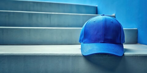 A blue baseball cap is placed on a pair of blue steps, creating a visually appealing contrast between the bright colors and the neutral background , blue base ball cap, sporty outfit