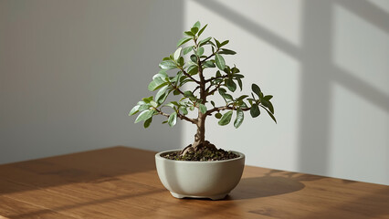 Bonsai tree in a light gray pot on a wooden table. Suitable for nature, gardening, home decor, zen concepts, and small business branding projects.