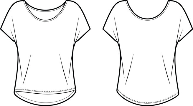  Blank Womenswear Dolman Sleeve T-Shirt Flat Sketch, Front and Back Views, Loose Fit Apparel Template, Comfortable Casual Wear Mockup, Customizable Fashion Design for Everyday Style, Basic Top.
