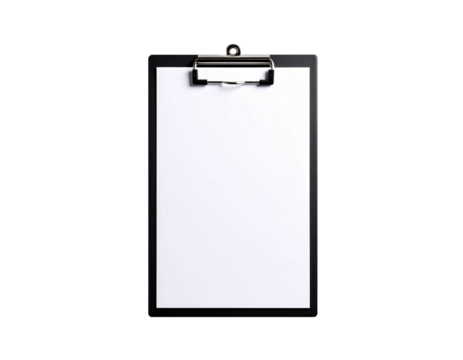 Black clipboard with blank paper isolated on transparent background