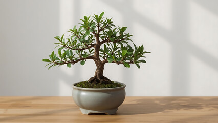Bonsai tree in a light gray pot on a wooden table. Suitable for nature, gardening, home decor, zen concepts, and small business branding projects.