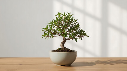 Bonsai tree in a light gray pot on a wooden table. Suitable for nature, gardening, home decor, zen concepts, and small business branding projects.