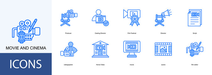 Movie and cinema icon collection set. Containing Producer, Casting Director, Film Festival, Director, Script icon
